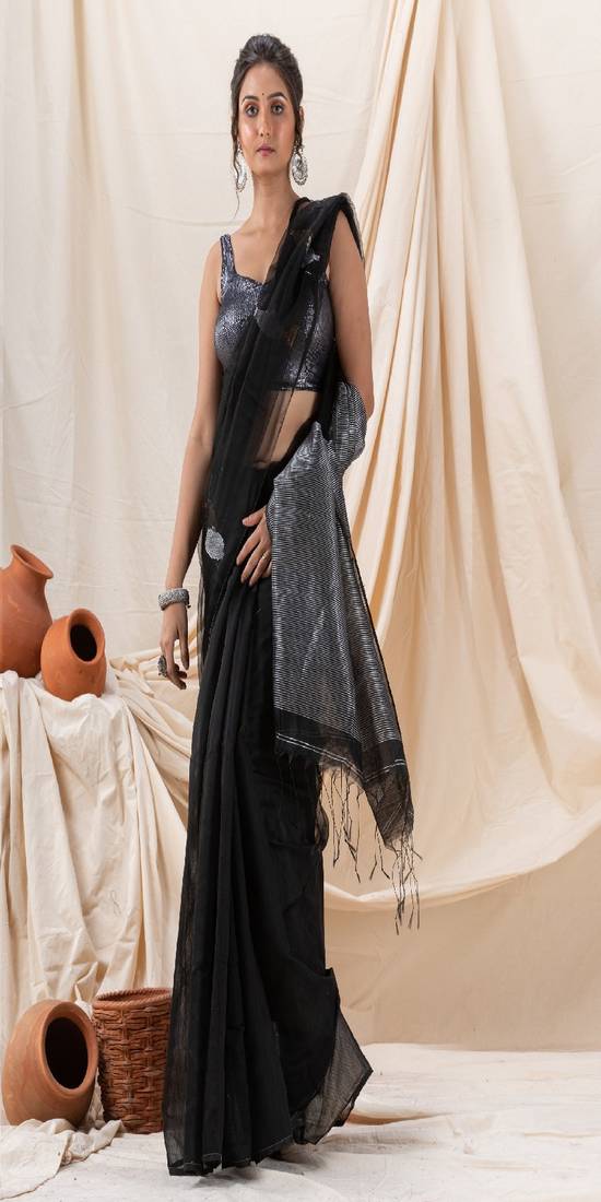 Traditional Black Cotton Silk Fancy Jamdani Saree