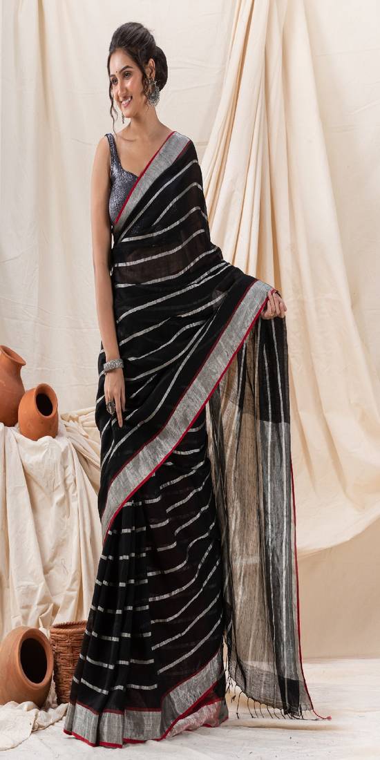 Traditional Black Handloom Linen Saree