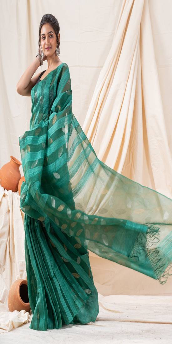 Traditional Teal Motka Silk Soft Sequin Jamdani Saree