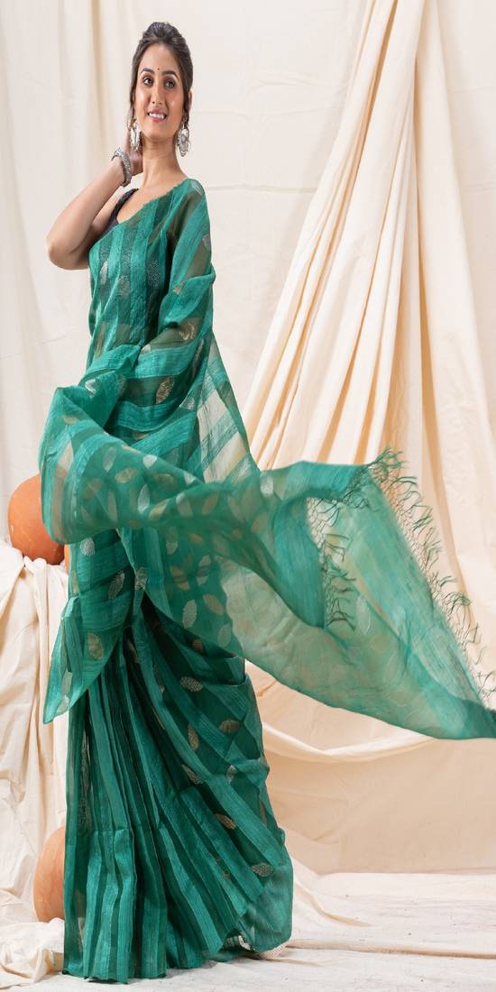 Traditional Teal Motka Silk Soft Sequin Jamdani Saree