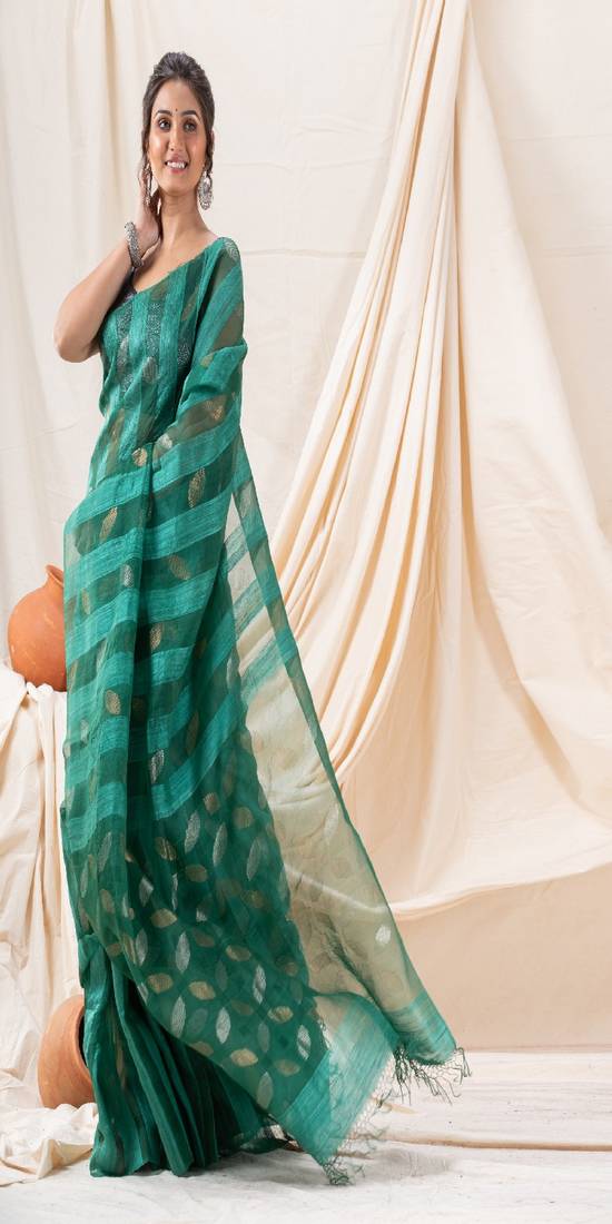 Traditional Teal Motka Silk Soft Sequin Jamdani Saree