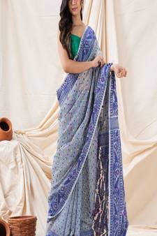 Traditional Blue Grey Soft Dhakai Jamdani Saree Without Blouse