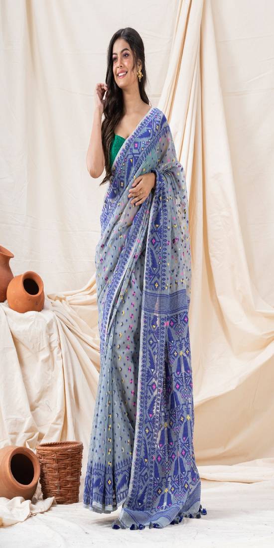Traditional Blue Grey Soft Dhakai Jamdani Saree Without Blouse