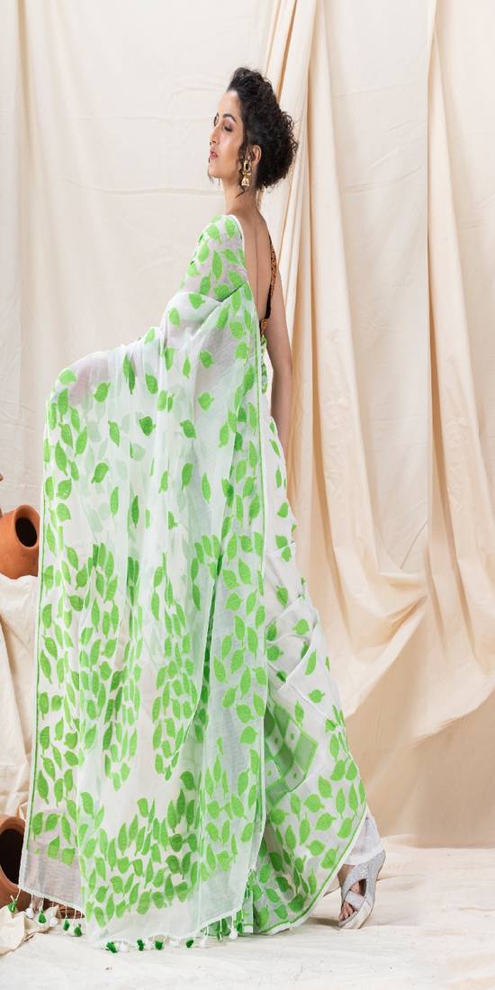 Traditional White Green Leaf Soft Dhakai Jamdani Saree Without Blouse