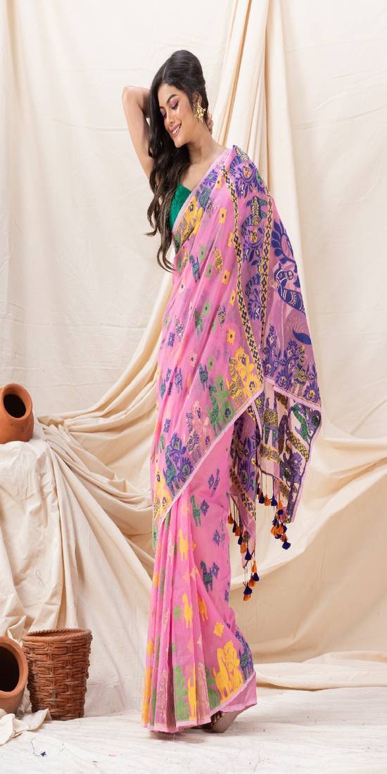 Traditional Pink Horse Soft Dhakai Jamdani Saree Without Blouse