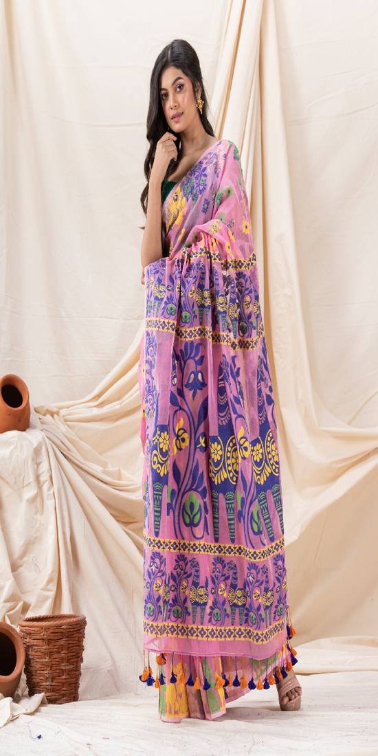 Traditional Pink Horse Soft Dhakai Jamdani Saree Without Blouse