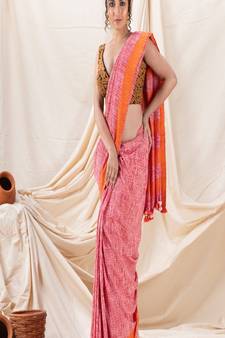 Traditional Orange Cotton Tai Dye Saree