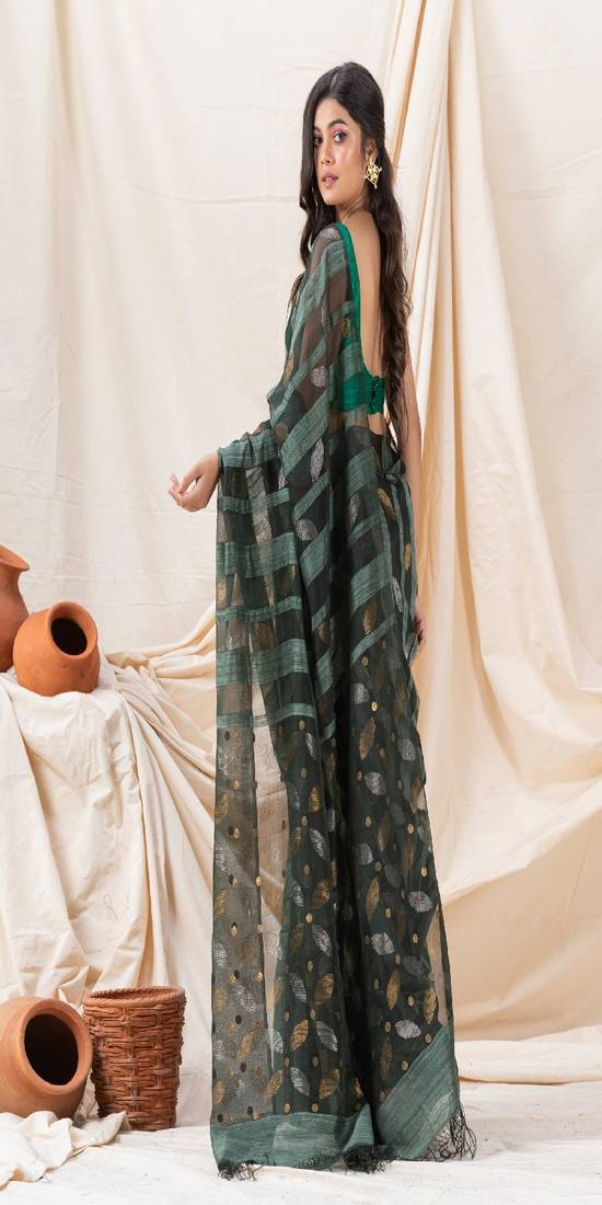 Traditional Dark Slate Grey Motka Silk Sequin Soft Jamdani Saree