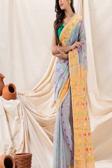 Traditional Light Columbia Blue Soft Dhakai Jamdani Saree Without Blouse