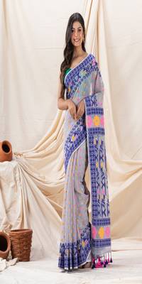 Traditional Blue Silver Grey Soft Dhakai Jamdani Saree 1