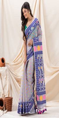 Traditional Blue Silver Grey Soft Dhakai Jamdani Saree 2