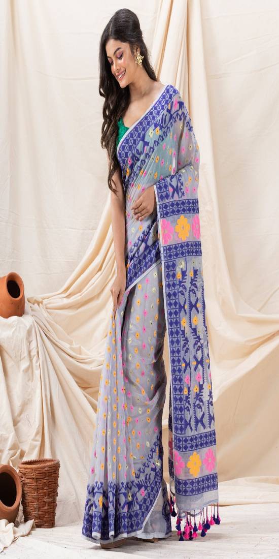 Traditional Blue Silver Grey Soft Dhakai Jamdani Saree
