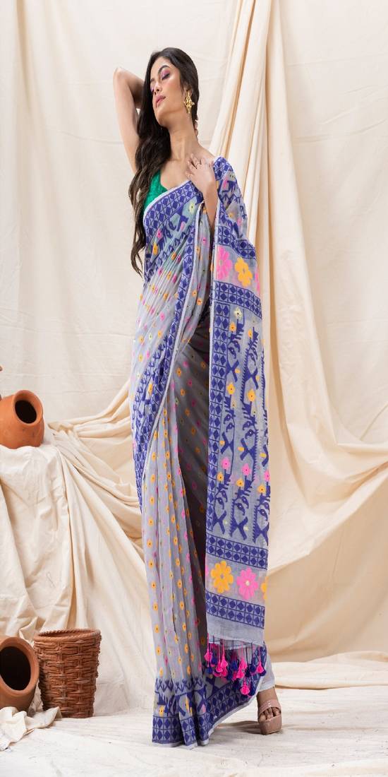 Traditional Blue Silver Grey Soft Dhakai Jamdani Saree