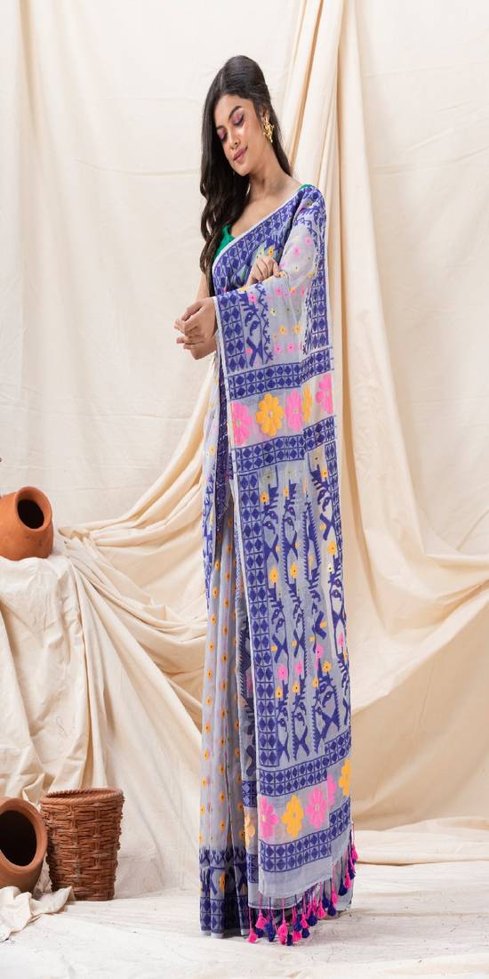 Traditional Blue Silver Grey Soft Dhakai Jamdani Saree