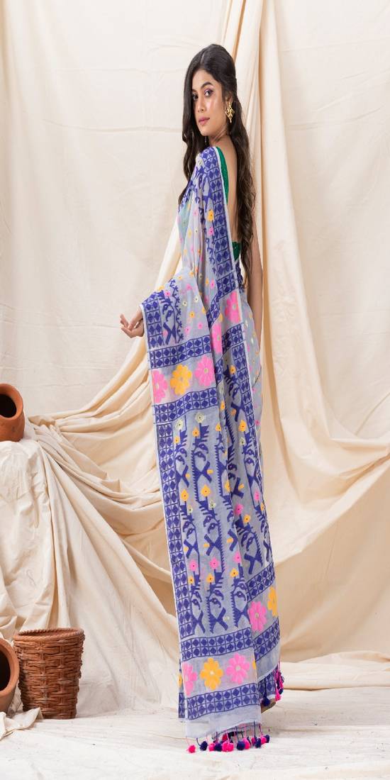 Traditional Blue Silver Grey Soft Dhakai Jamdani Saree