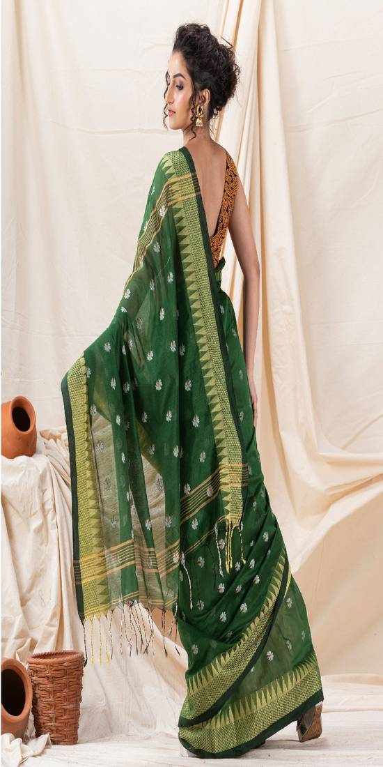 Traditional Cotton Blend Dark Green Handloom Saree