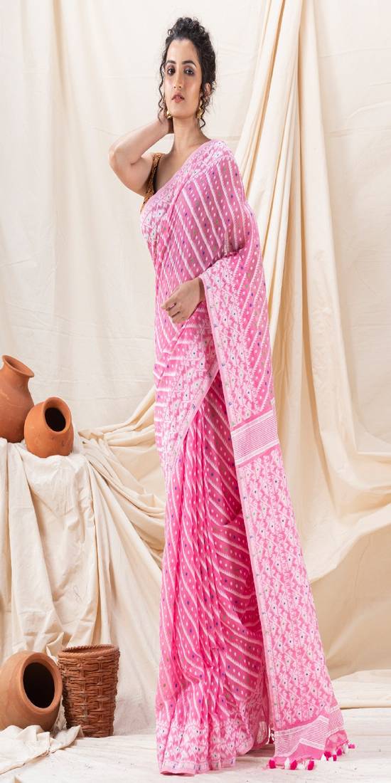 Traditional Pink Korat Soft Dhakai Jamdani Saree Without Blouse