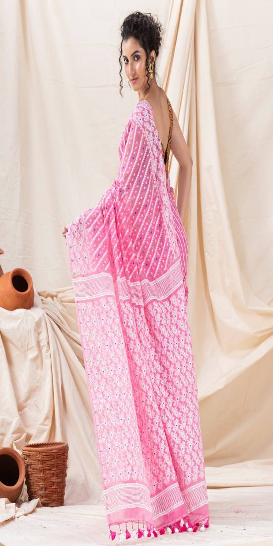 Traditional Pink Korat Soft Dhakai Jamdani Saree Without Blouse