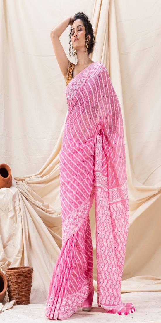 Traditional Pink Korat Soft Dhakai Jamdani Saree Without Blouse