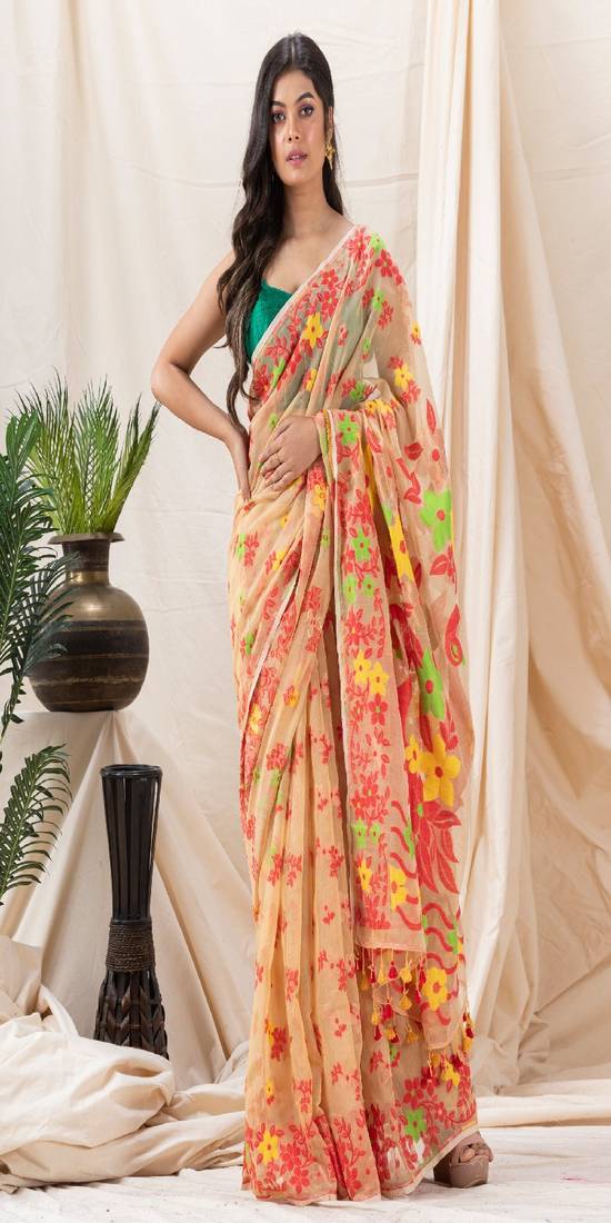 Traditional Tan Cotton Blend Soft Dhakai Jamdani Saree Without Blouse