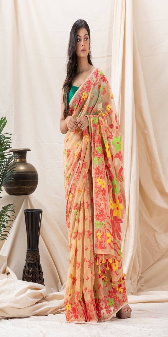 Traditional Tan Cotton Blend Soft Dhakai Jamdani Saree Without Blouse