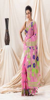 Traditional Pink Flower Soft Dhakai Jamdani Saree Without Blouse 2