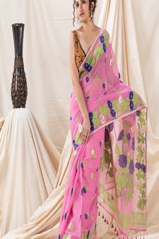 Traditional Pink Flower Soft Dhakai Jamdani Saree Without Blouse