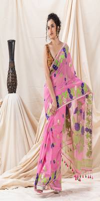 Traditional Pink Flower Soft Dhakai Jamdani Saree Without Blouse 1