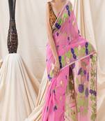 Traditional Pink Flower Soft Dhakai Jamdani Saree Without Blouse
