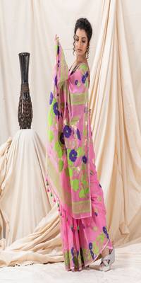Traditional Pink Flower Soft Dhakai Jamdani Saree Without Blouse 3