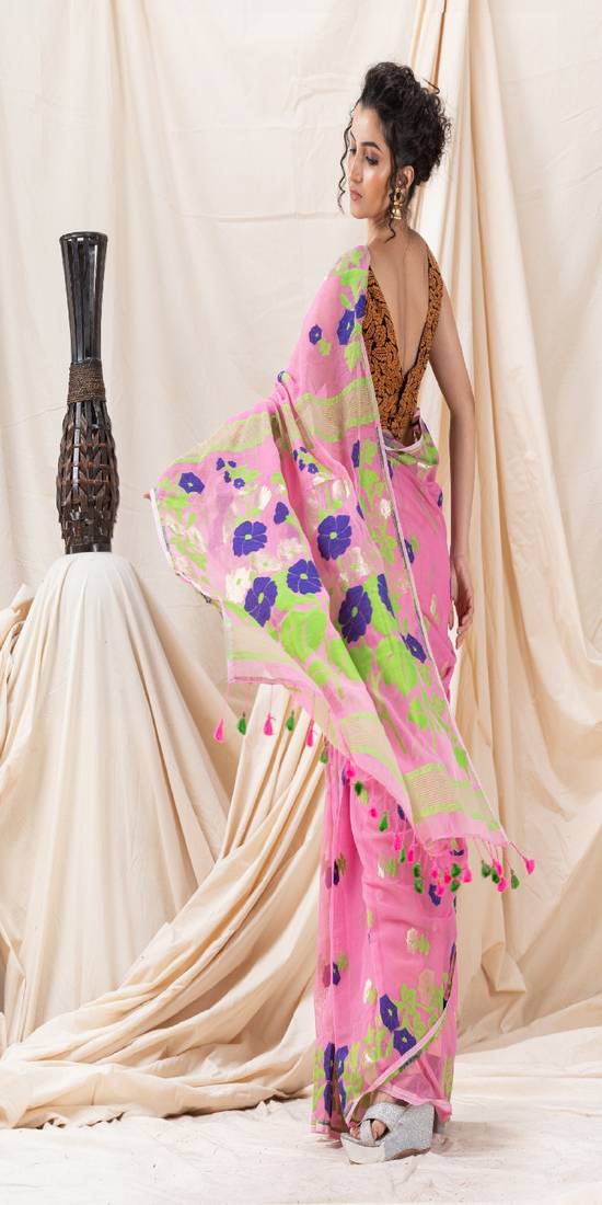 Traditional Pink Flower Soft Dhakai Jamdani Saree Without Blouse