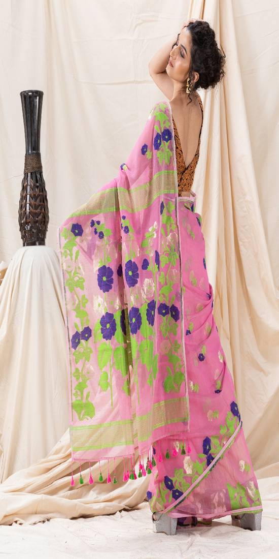 Traditional Pink Flower Soft Dhakai Jamdani Saree Without Blouse