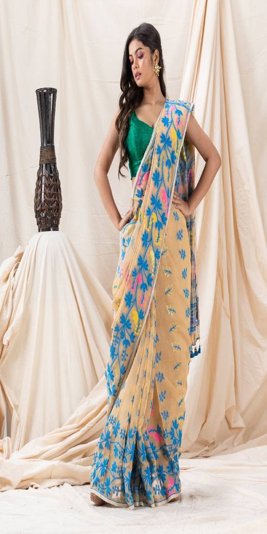 Traditional Tan Creeper Soft Dhakai Jamdani Saree Without Blouse