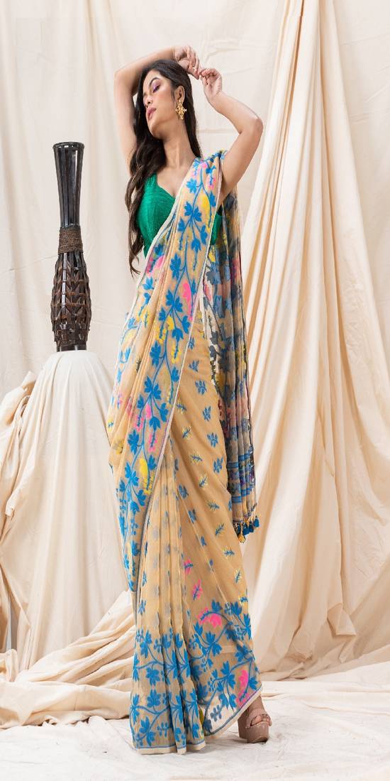 Traditional Tan Creeper Soft Dhakai Jamdani Saree Without Blouse