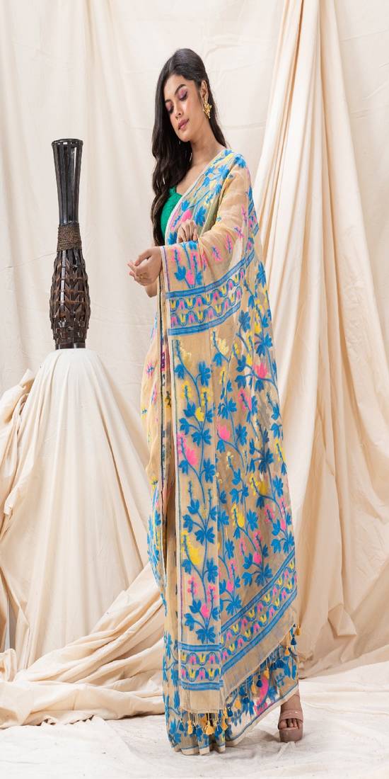 Traditional Tan Creeper Soft Dhakai Jamdani Saree Without Blouse