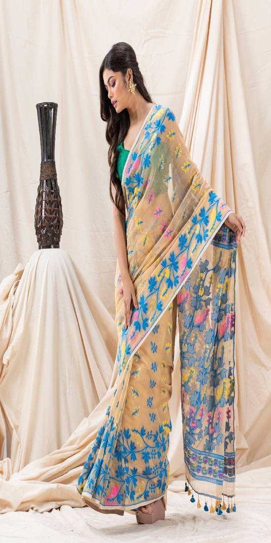 Traditional Tan Creeper Soft Dhakai Jamdani Saree Without Blouse