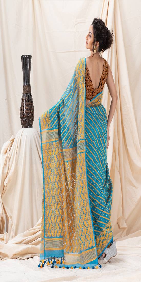 Traditional Sky Blue Korat Cotton Blend Soft Dhakai Jamdani Saree Without Blouse