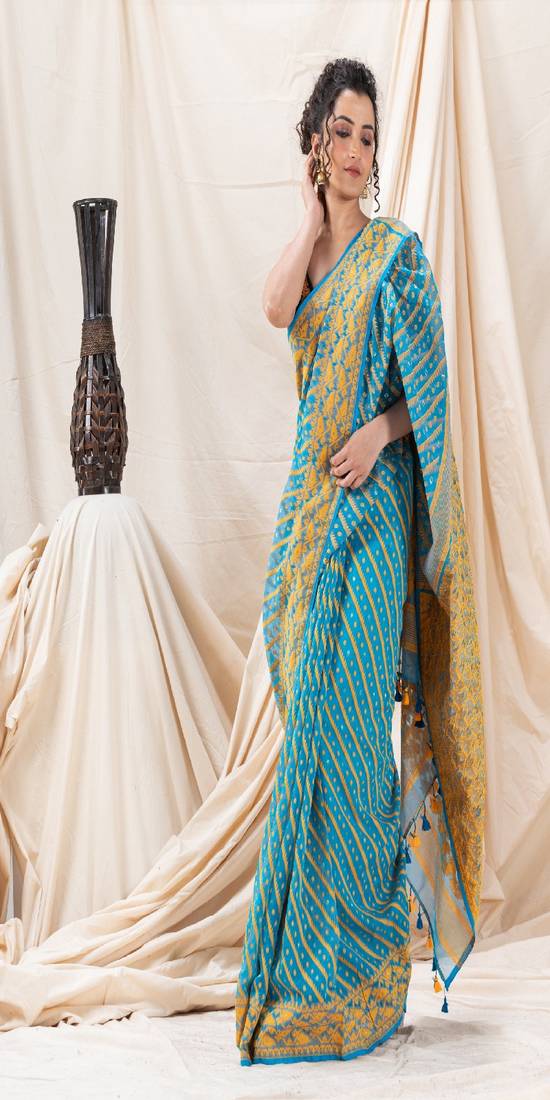 Traditional Sky Blue Korat Cotton Blend Soft Dhakai Jamdani Saree Without Blouse