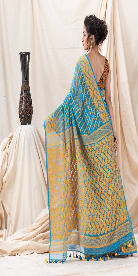 Traditional Sky Blue Korat Cotton Blend Soft Dhakai Jamdani Saree Without Blouse