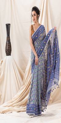 Traditional Ash Blue Soft Dhakai Jamdani Saree 1