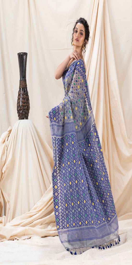 Traditional Ash Blue Soft Dhakai Jamdani Saree