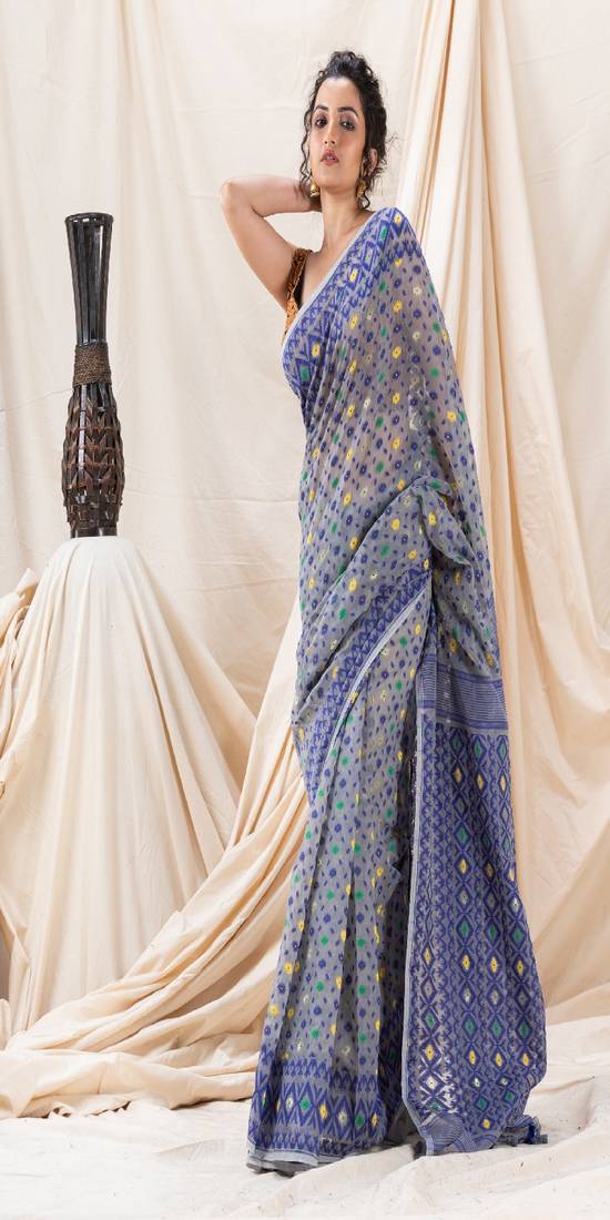 Traditional Ash Blue Soft Dhakai Jamdani Saree
