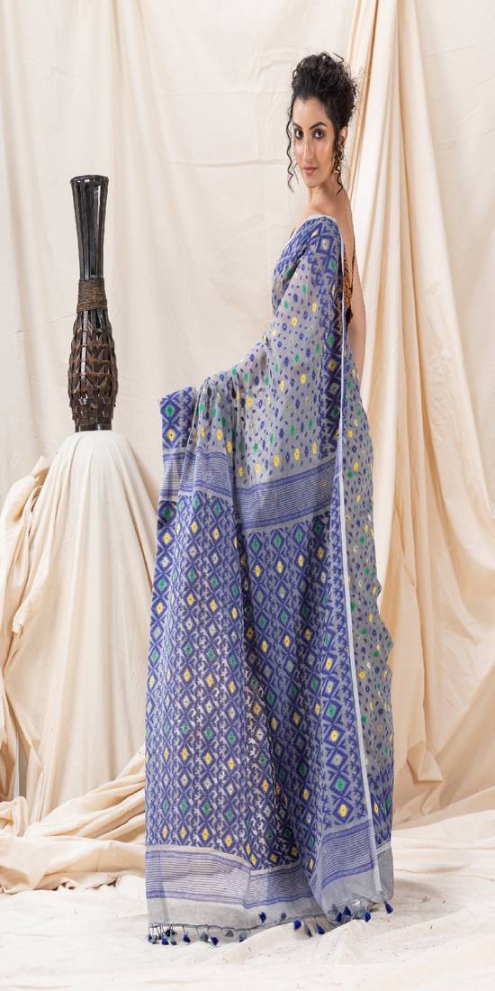 Traditional Ash Blue Soft Dhakai Jamdani Saree