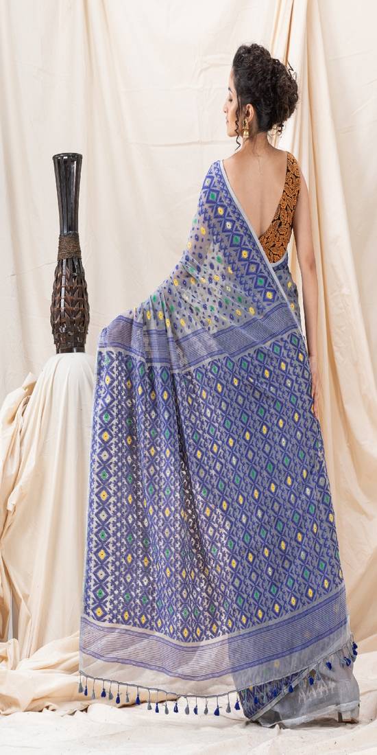 Traditional Ash Blue Soft Dhakai Jamdani Saree