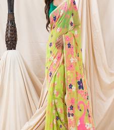 Olive Green Bengal Jamdani Saree with Floral Butis main image 1