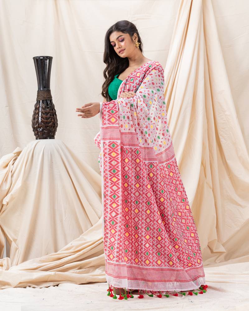 Traditional White Red Soft Dhakai Jamdani Saree