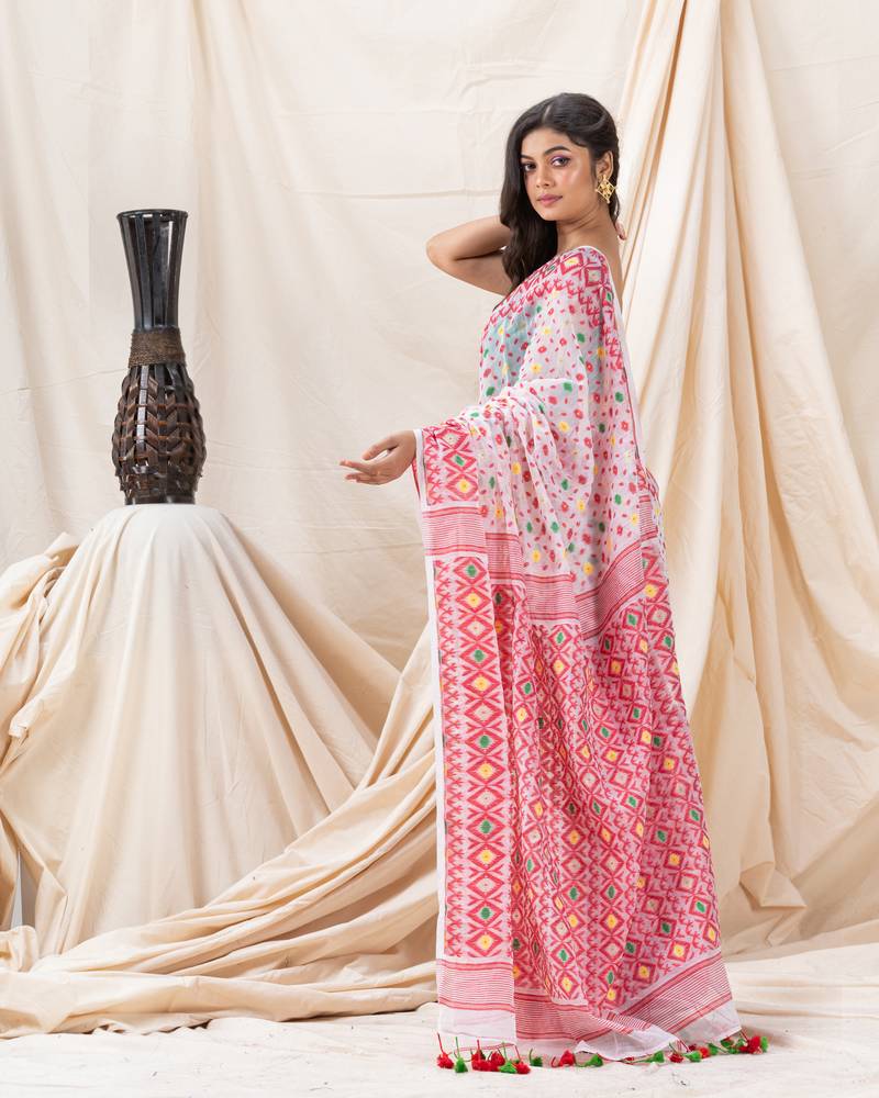 Traditional White Red Soft Dhakai Jamdani Saree
