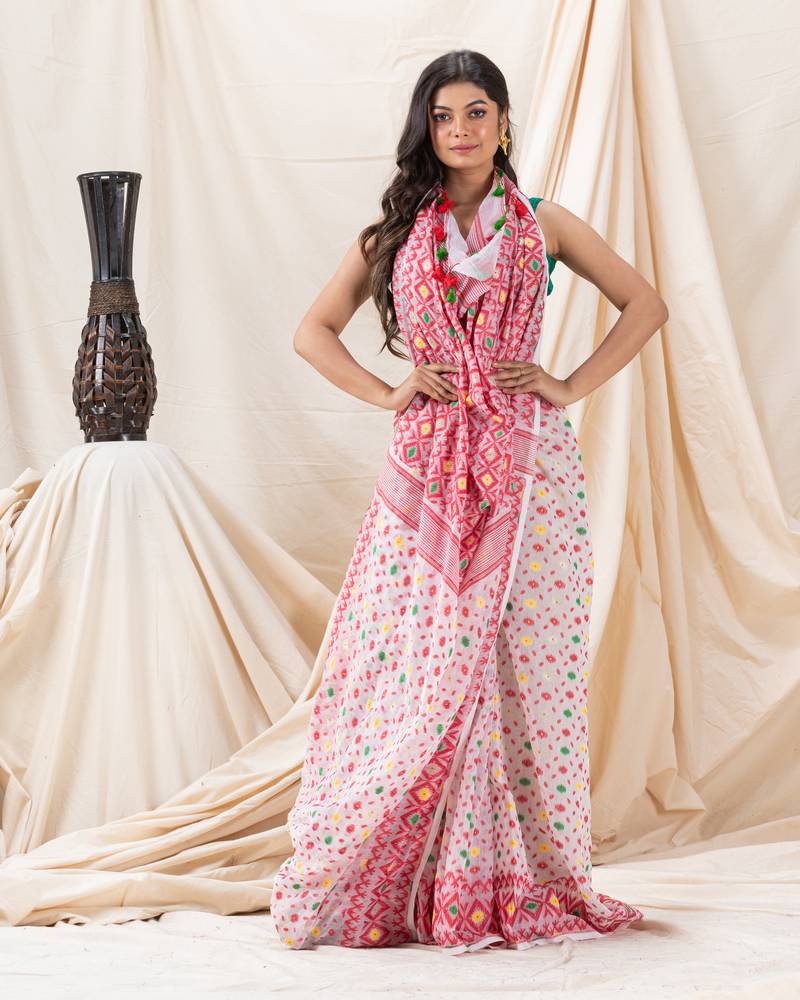 Traditional White Red Soft Dhakai Jamdani Saree