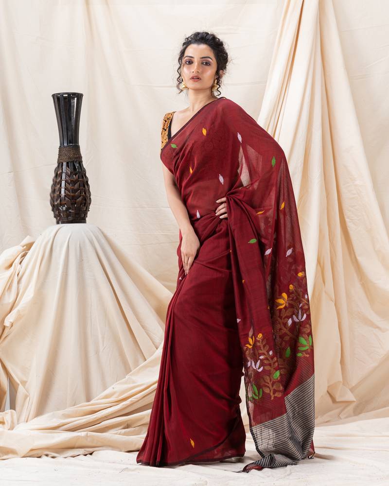 Traditional Maroon Cotton Soft Jamdani Saree