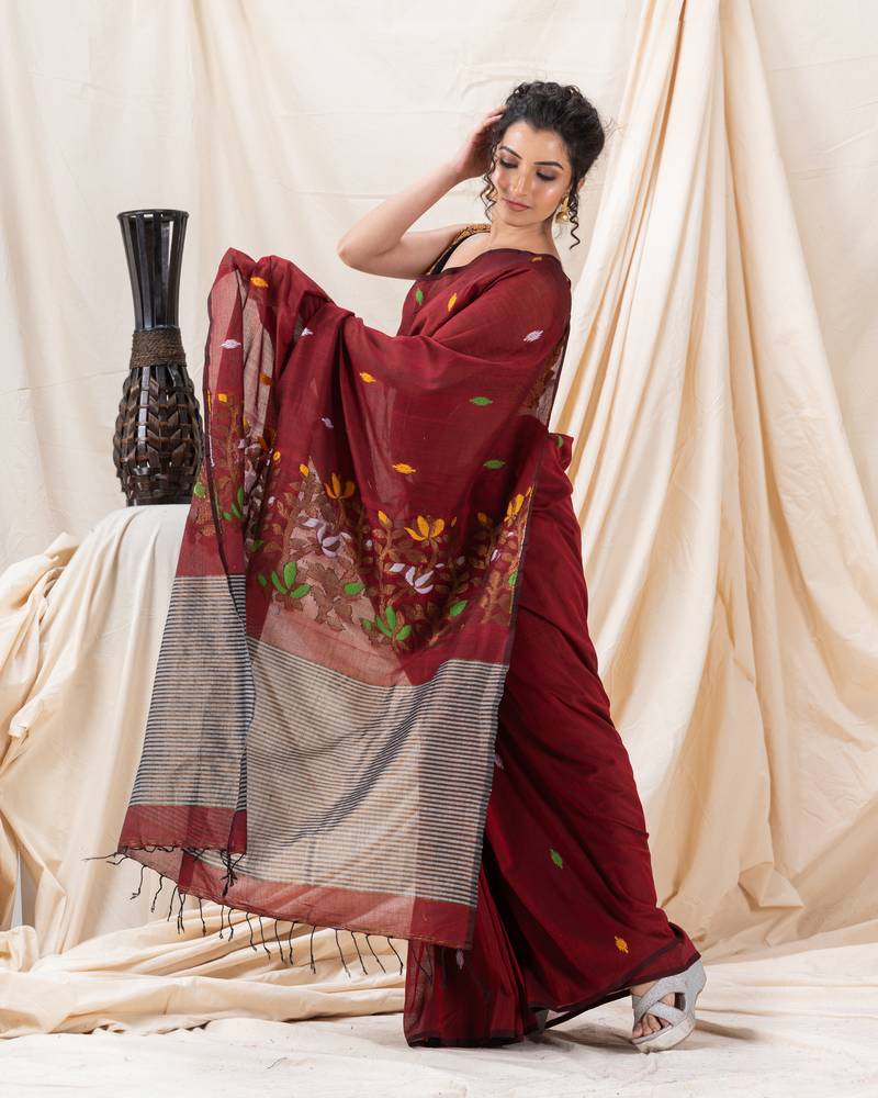 Traditional Maroon Cotton Soft Jamdani Saree